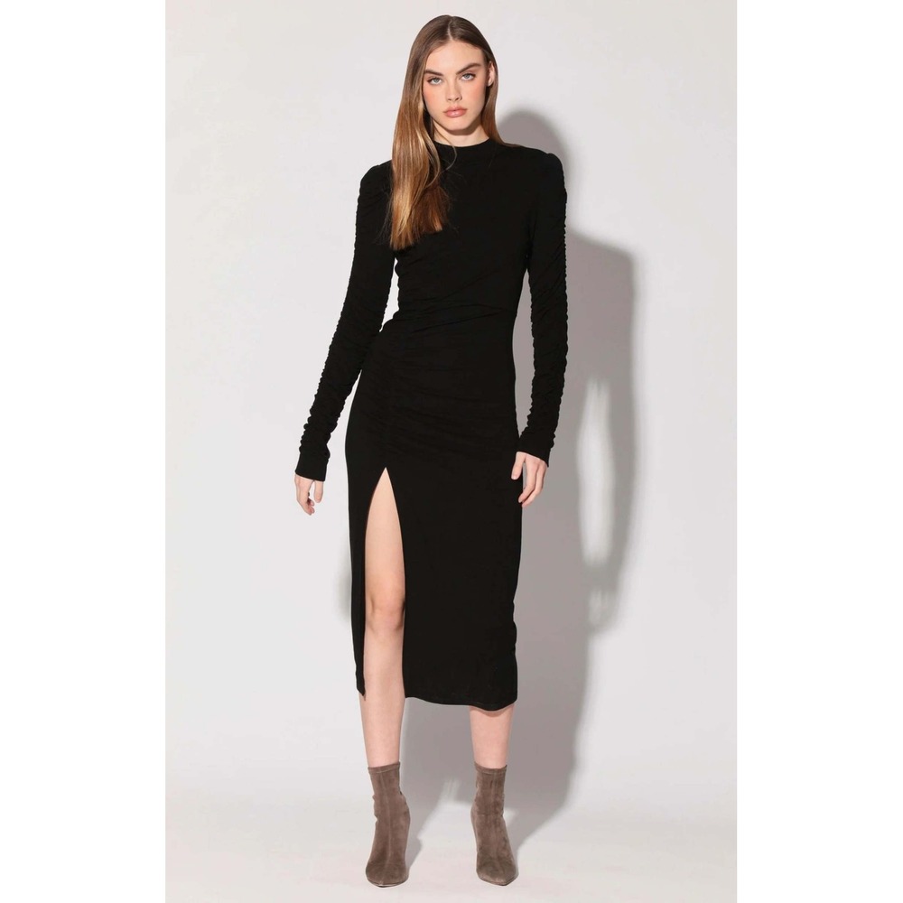 New! WALTER BAKER Connie Dress Mock Neck Ruched Midi Size Medium LBD Retail $268